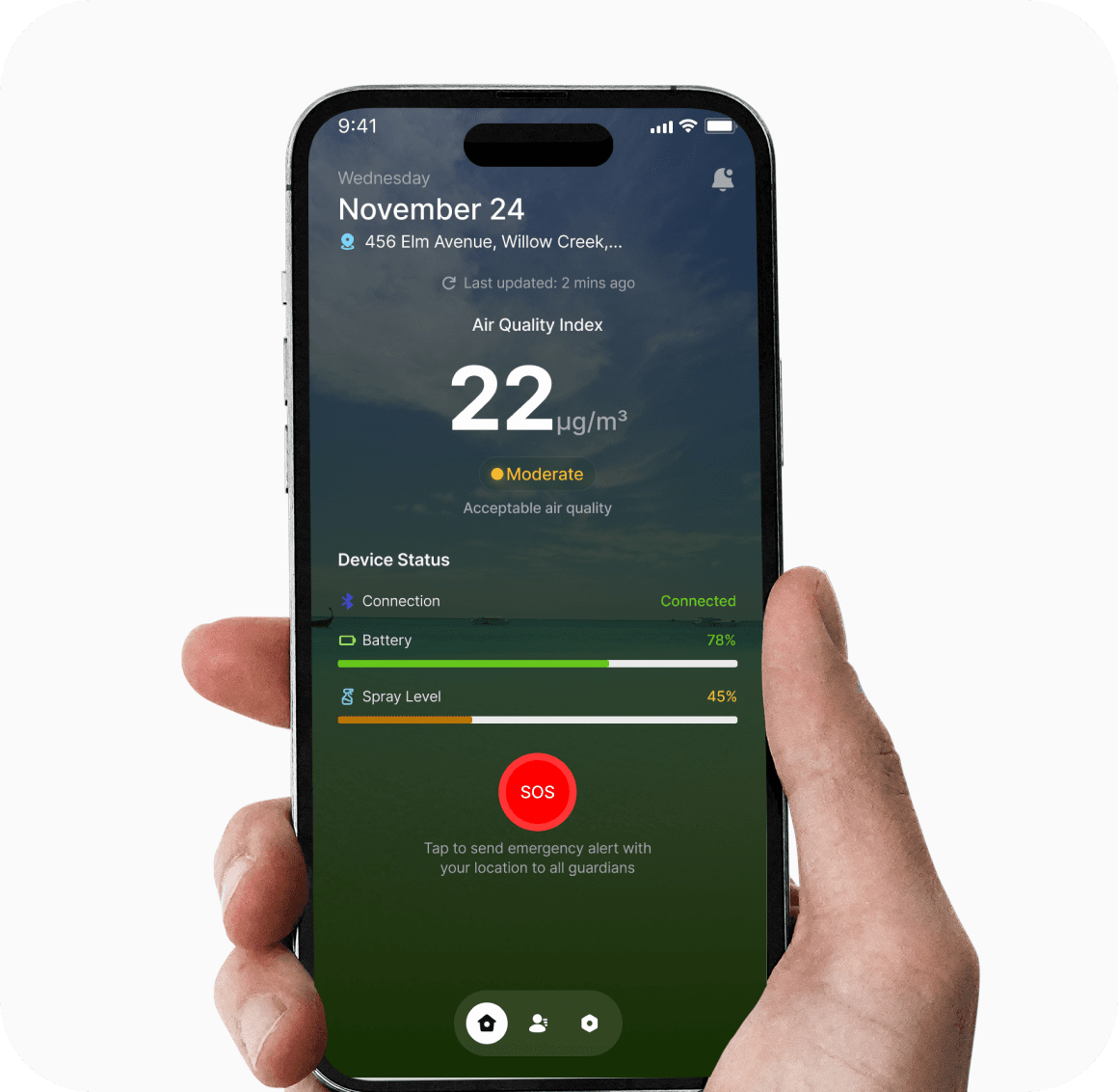 Hand holding phone with AeChai app interface